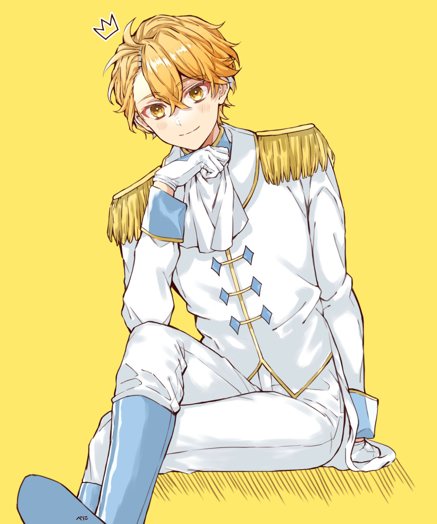 1boy, absurdres, ascot, blonde_hair, bnilst, crossed_legs, crown, epaulettes