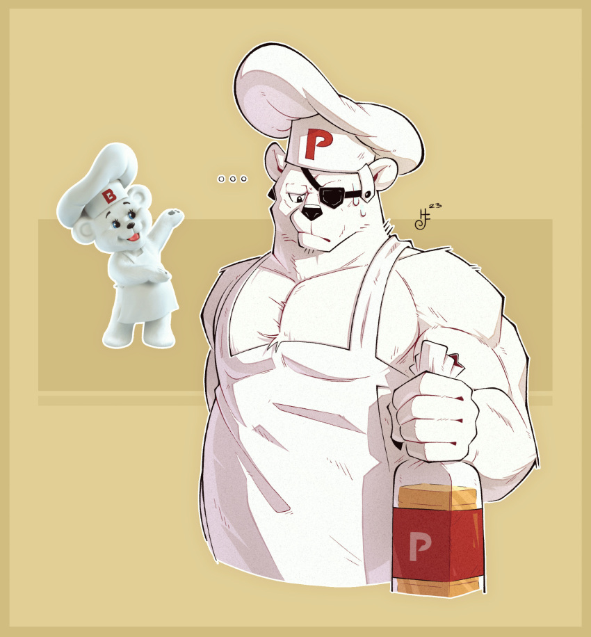 ..., 1boy, animal_ears, apron, artist_logo, bear_boy, bear_ears, belly