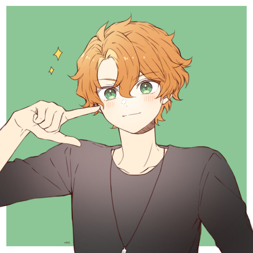 1boy, black_shirt, blush, bnilst, green_background, green_eyes, hair_between_eyes, haruka_gakuto
