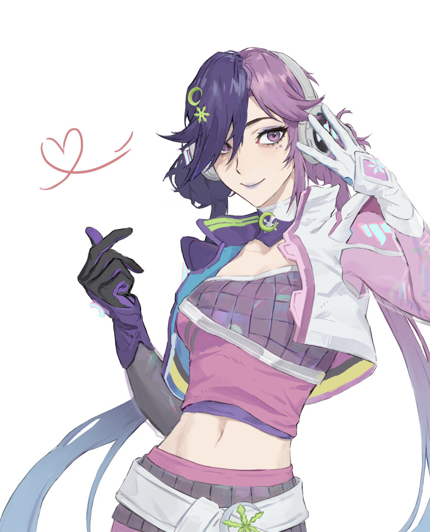 1girl, 3aaaa64, absurdres, choker, crescent, crescent_hair_ornament, crop_top, gloves, hair_ornament, hair_over_one_eye, highres, jacket, long_hair, looking_at_viewer, luna_snow, luna_snow_(mirae_2099), marvel, marvel_rivals, midriff, multicolored_hair, navel, official_alternate_costume, pink_eyes, pink_hair, pink_tank_top, purple_hair, smile, snowflake_hair_ornament, solo, split-color_hair, tank_top, twintails, two-tone_hair