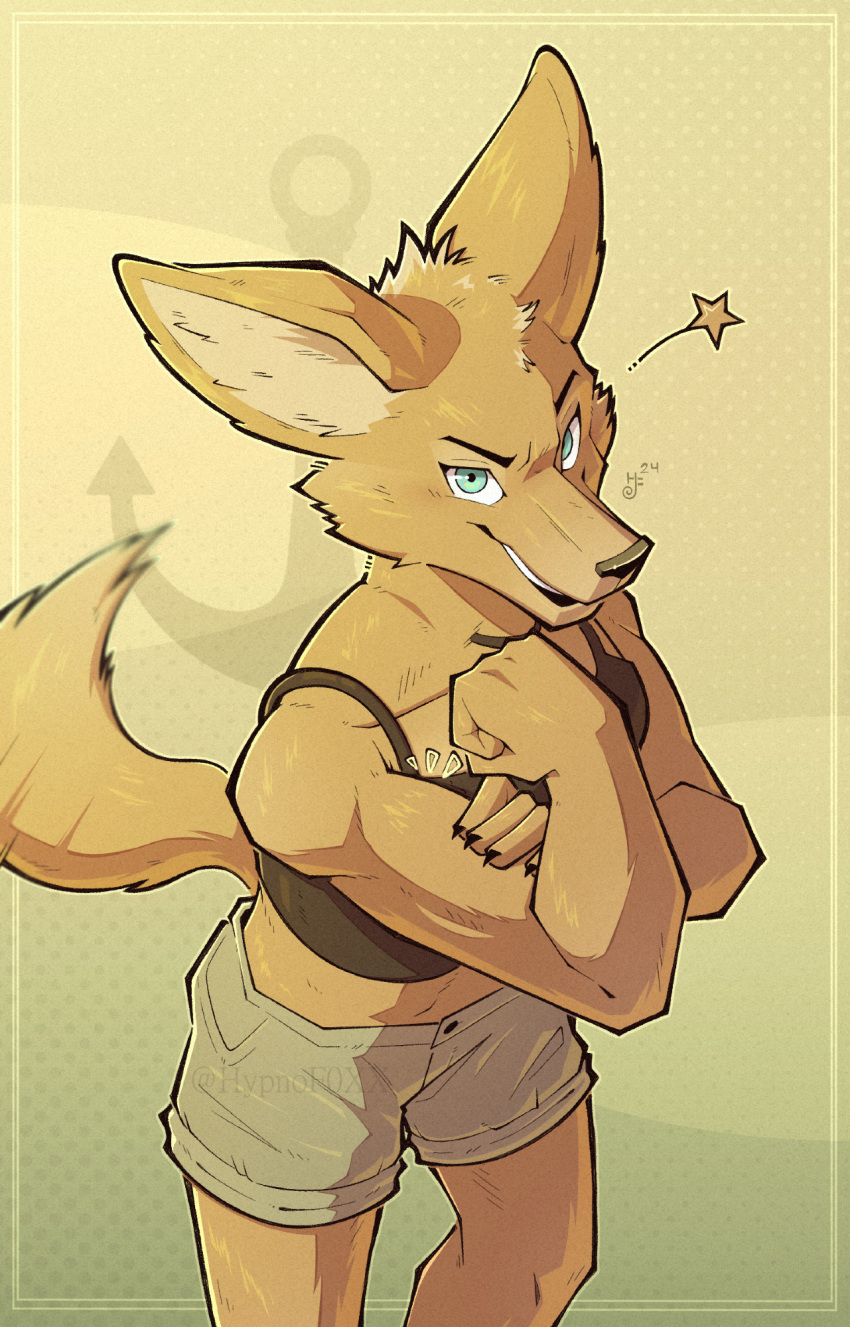 1girl, animal_ears, artist_logo, blue_eyes, brown_shirt, brown_shorts, claws, clenched_hand