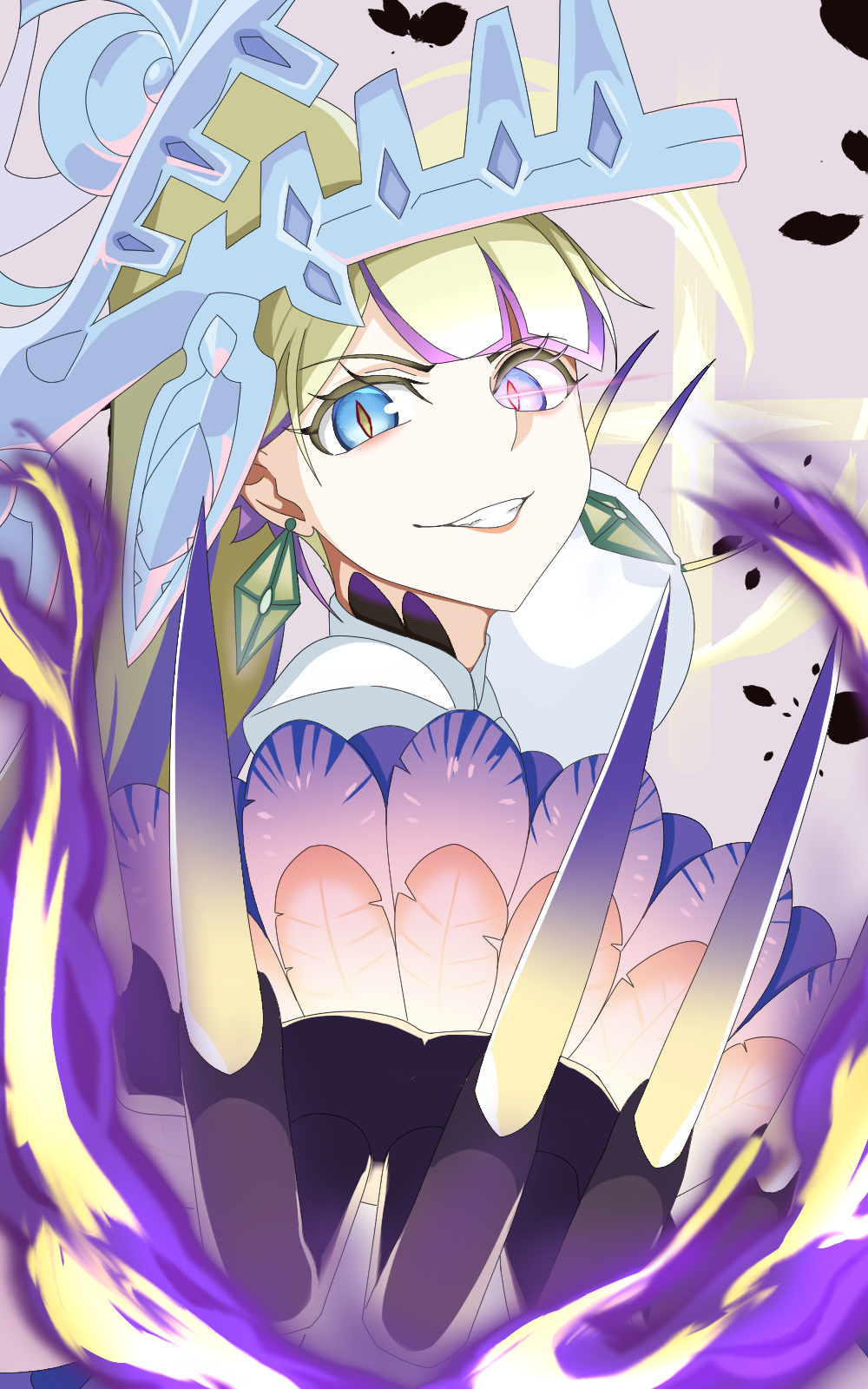 1girl, blonde_hair, blue_eyes, diabellze_the_original_sinkeeper, diabellze_the_white_witch, duel_monster, glowing, glowing_eye, highres, long_hair, multicolored_hair, norakuma, purple_hair, simple_background, solo, two-tone_hair, upper_body, violet_eyes, yu-gi-oh!