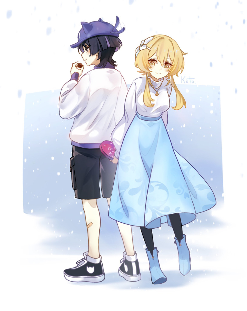 1boy, 1girl, alternate_costume, animal_hat, arms_behind_back, artist_name, back-to-back, bandaid