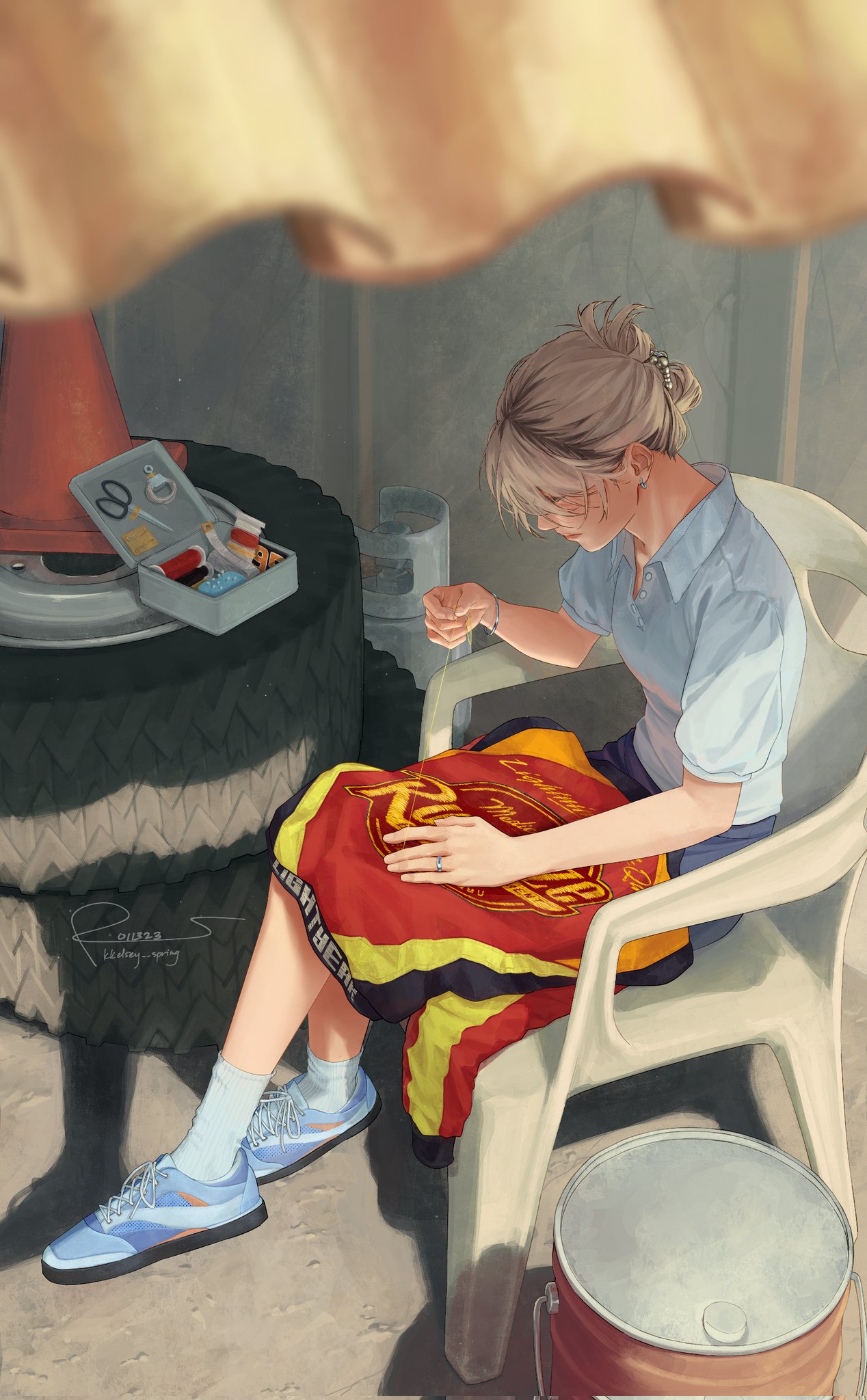 1girl, blonde_hair, blue_shirt, blue_skirt, blue_socks, blurry, blurry_foreground, box, breasts, brown_hair, cars_(movie), collared_shirt, commentary, corrugated_galvanized_iron_sheet, earrings, hair_behind_ear, hashtag-only_commentary, highres, jacket, jewelry, kkelsey_spring, personification, pink_lips, red_jacket, sally_carrera, scissors, sewing, shirt, shoes, signature, sitting, skirt, small_breasts, smile, sneakers, socks, solo, wheel