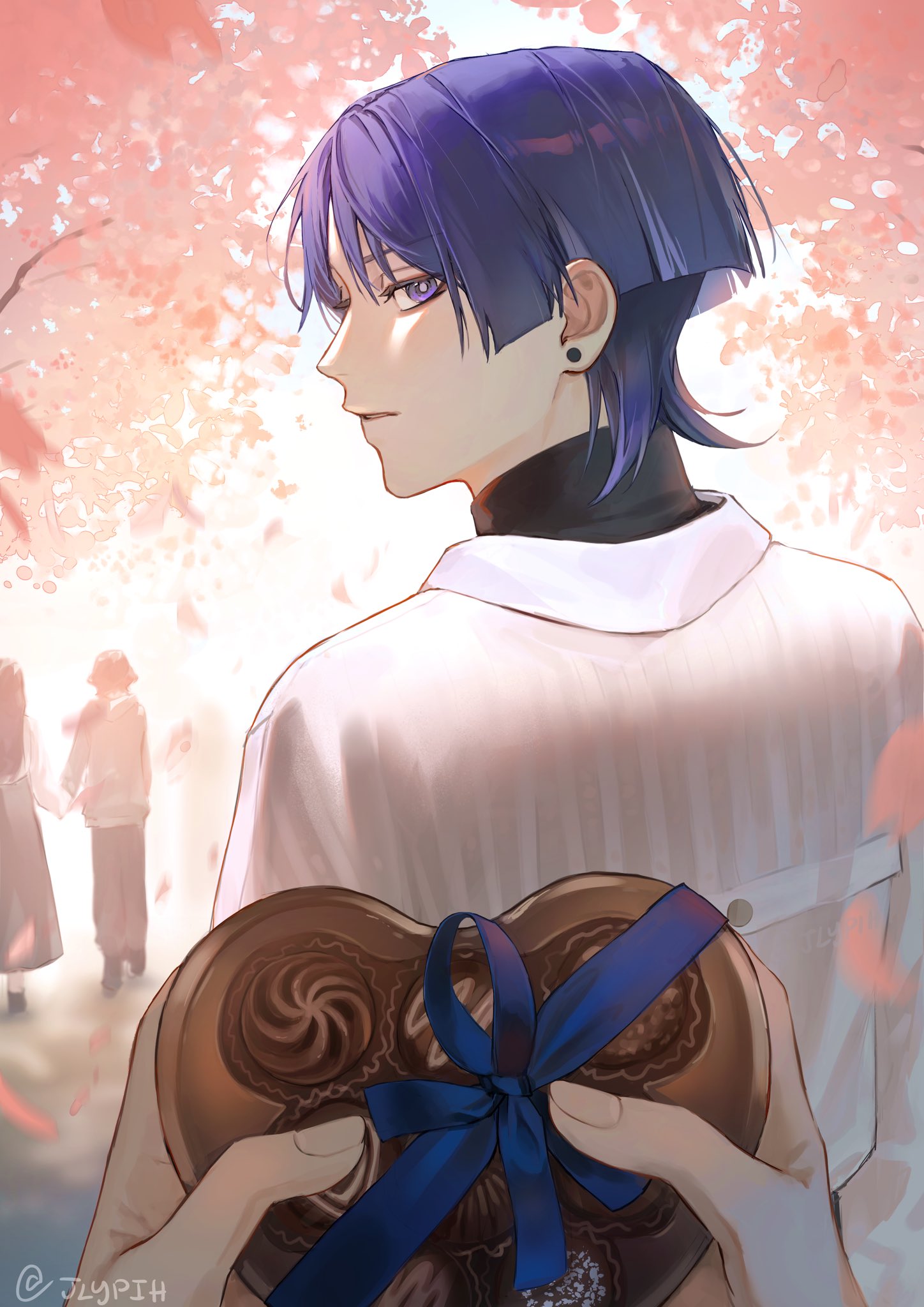 1boy, alternate_costume, artist_name, blue_ribbon, blunt_ends, bodysuit, bright_pupils, candy