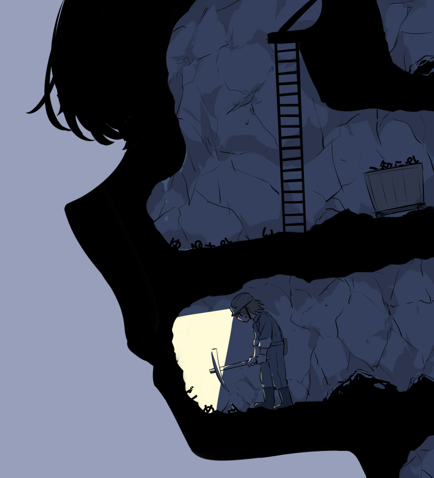 1boy, absurdres, avogado6, black_boots, boots, from_side, grey_background, headlamp