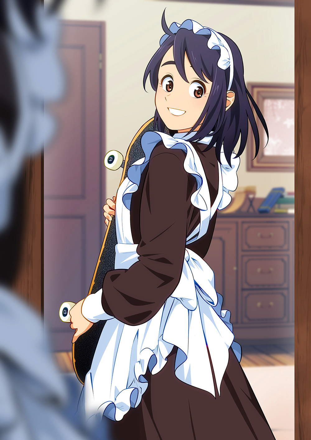 1girl, anime_coloring, apron, benihana_(suzushiro333), black_dress, black_hair, blurry, blurry_background