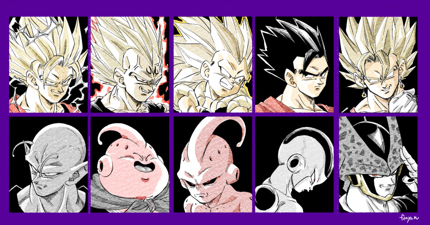 6+boys, antenna_hair, black_background, black_bodysuit, black_eyes, black_hair, black_sclera, black_shirt, black_vest, blonde_hair, bodysuit, border, cell_(dragon_ball), close-up, colored_sclera, colored_skin, dougi, dragon_ball, dragon_ball_z, dragon_ball_z:_hyper_dimension, earrings, fenyon, frieza, gotenks, highres, jewelry, kid_buu, limited_palette, long_hair, majin_buu, majin_vegeta, male_focus, medium_hair, multiple_boys, orange_shirt, piccolo, pink_skin, pointy_ears, potara_earrings, potential_unleashed, purple_border, red_eyes, salute, shirt, son_gohan, son_goku, spiky_hair, super_saiyan, super_saiyan_1, super_saiyan_2, super_saiyan_3, two-finger_salute, vegeta, vest