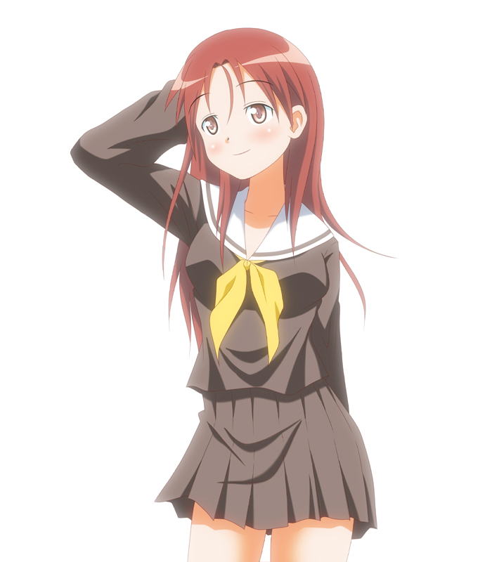 hand_behind_head, hiro_yoshinaka, long_hair, minna-dietlinde_wilcke, red_eyes, school_uniform, serafuku, simple_background