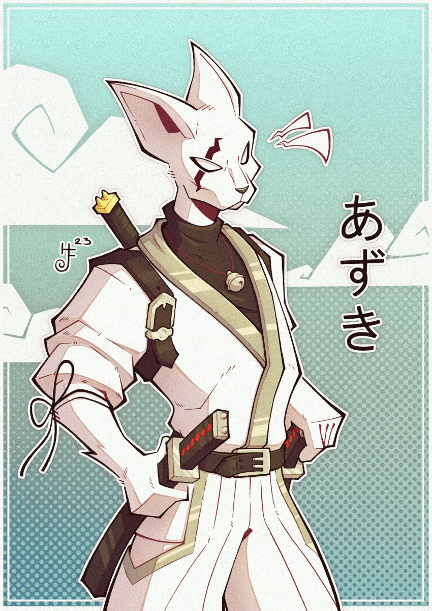 1boy, animal_ears, azuki_(fortnite), bell, cat_boy, cat_ears, character_name, closed_mouth