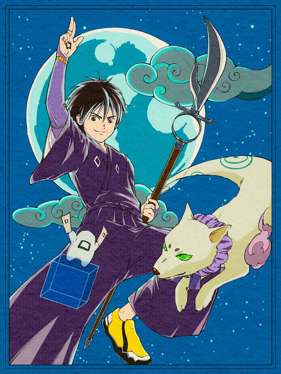 1boy, animal_ears, black_hair, blue_white_577, cube, full_moon, green_eyes, highres