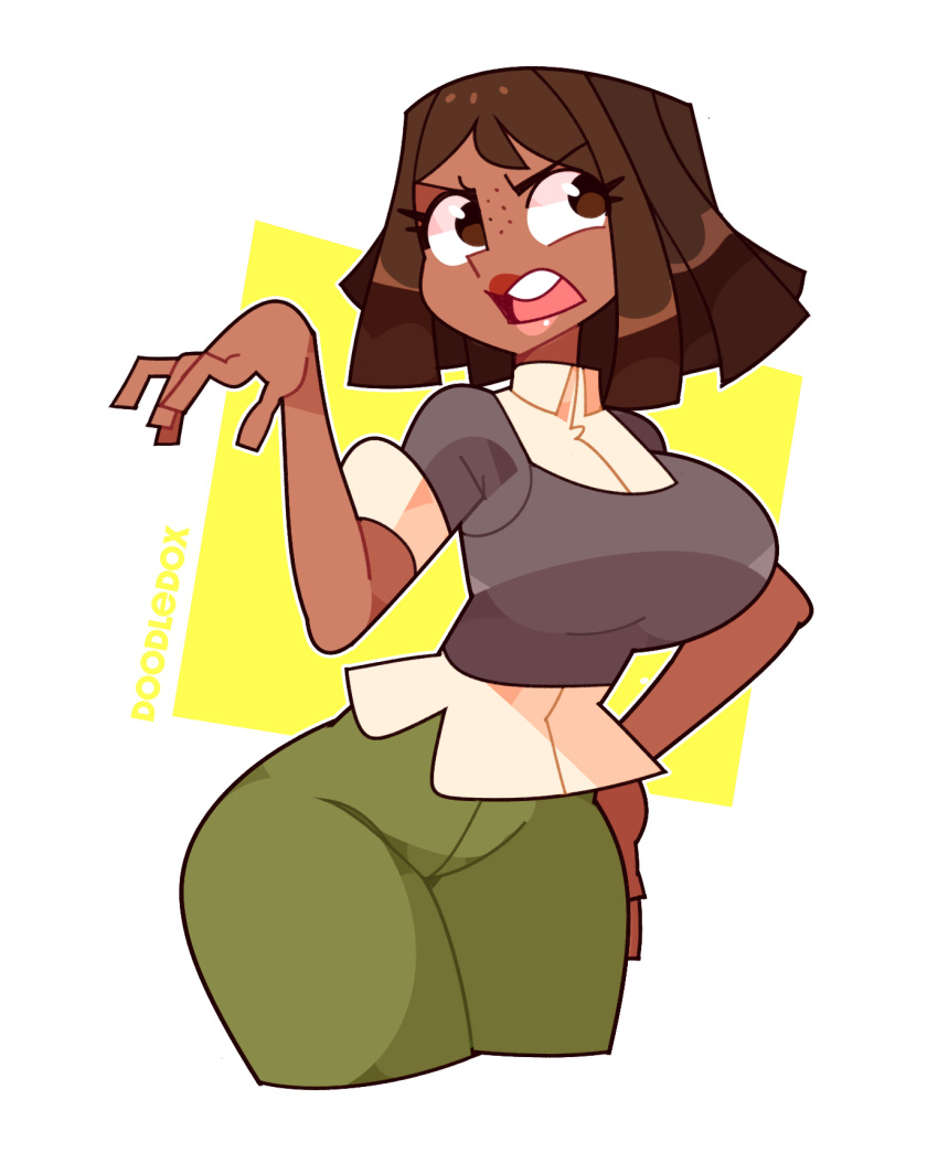 1girl, annoyed, artist_name, brown_eyes, brown_hair, brown_lips, collared_shirt, commission