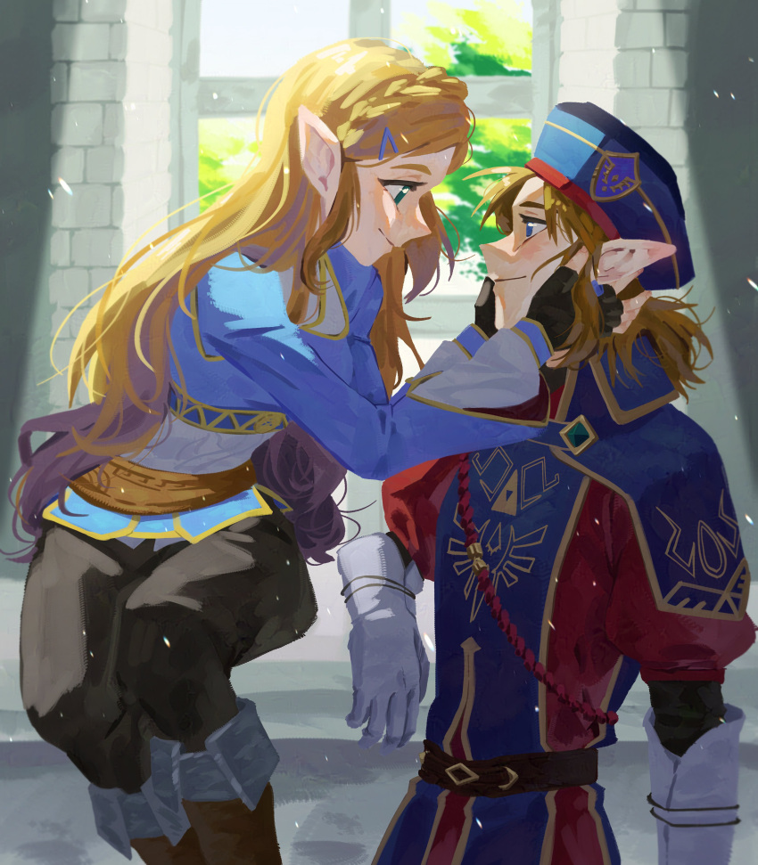 1boy, 1girl, absurdres, black_pants, blonde_hair, blue_hat, blue_shirt, braid
