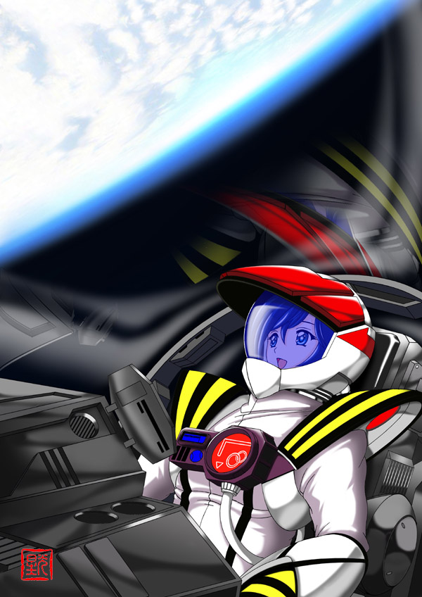 armor, blue_hair, cockpit, copyright_request, earth, flightsuit, geitassha, helmet