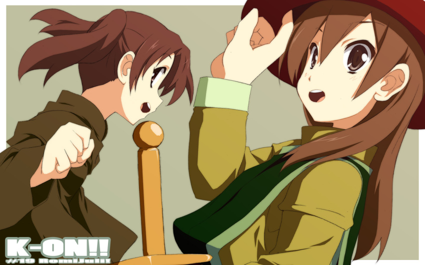 brown_eyes, brown_hair, cosplay, extra, hat, k-on!, long_hair, multiple_girls