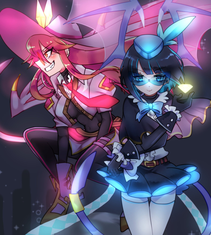 2girls, black_bodysuit, black_capelet, black_hair, black_skirt, blue-tinted_eyewear, blue_hat, bodysuit