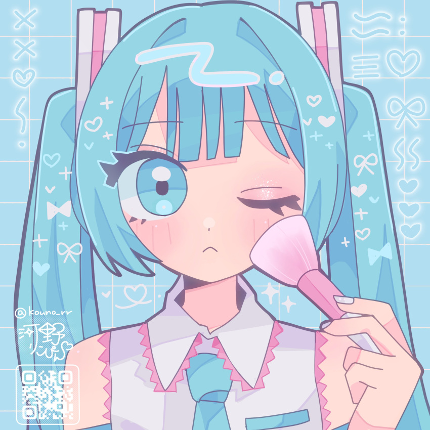 1girl, :<, absurdres, annotated, applying_makeup, bare_shoulders, blue_background, blue_eyes