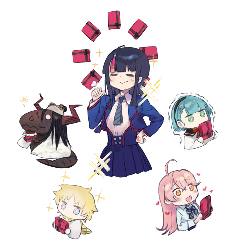 1boy, 4girls, absurdres, ahoge, beads, black_hair, black_sailor_collar, blonde_hair