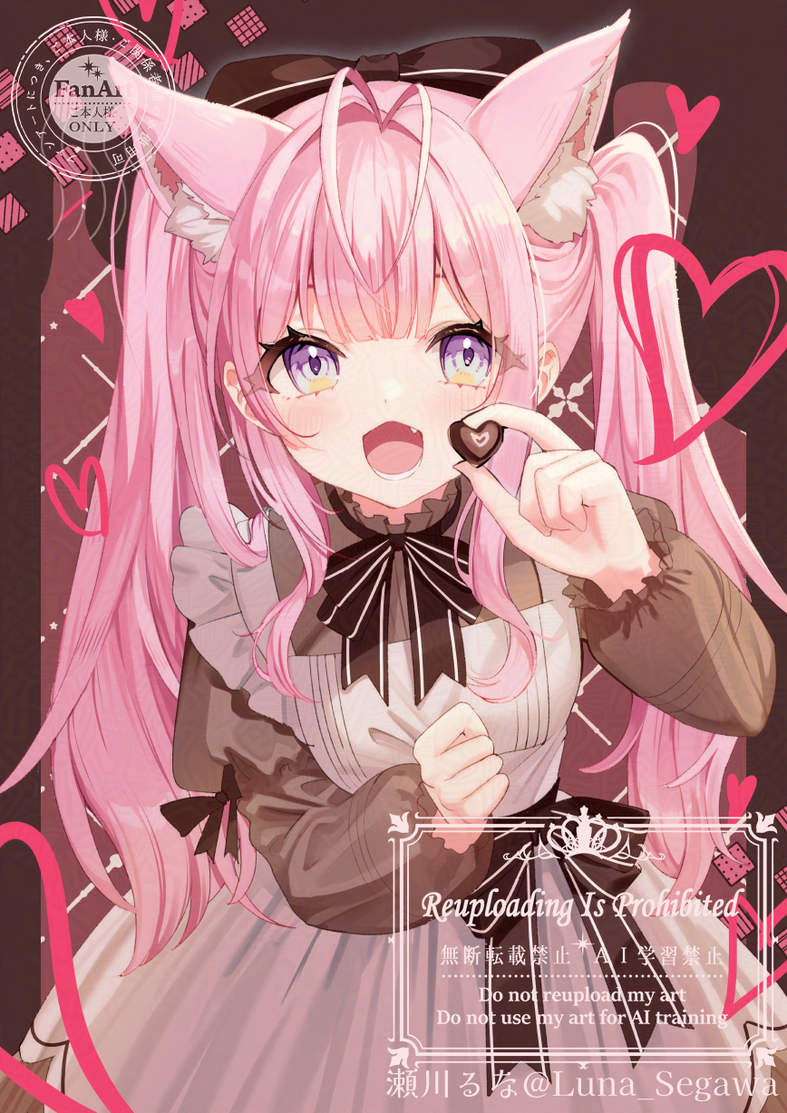 1girl, :d, animal_ear_fluff, apron, black_bow, blush, bow, brown_dress