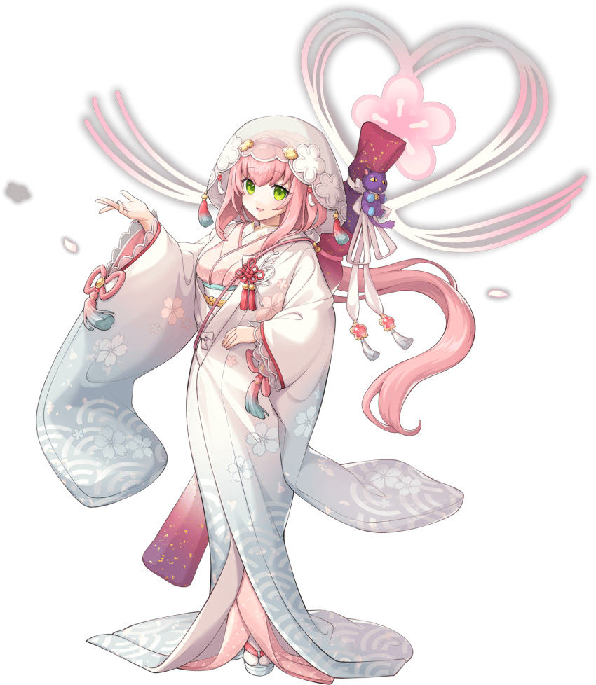 1girl, artist_request, breasts, bridal_veil, cherry_blossoms, falling_petals, floral_print, full_body