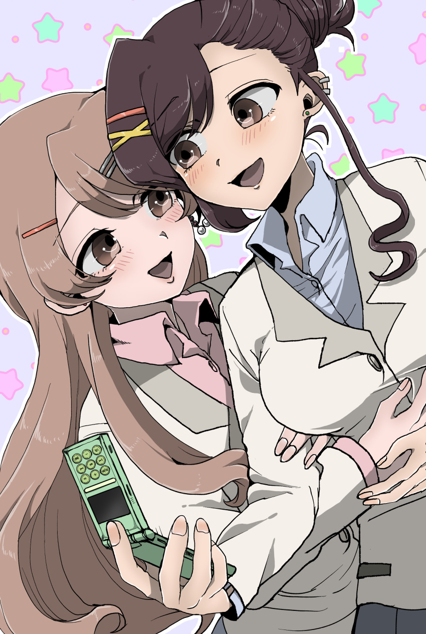 2girls, absurdres, black_hair, breasts, brown_eyes, brown_hair, candy_boy, cellphone