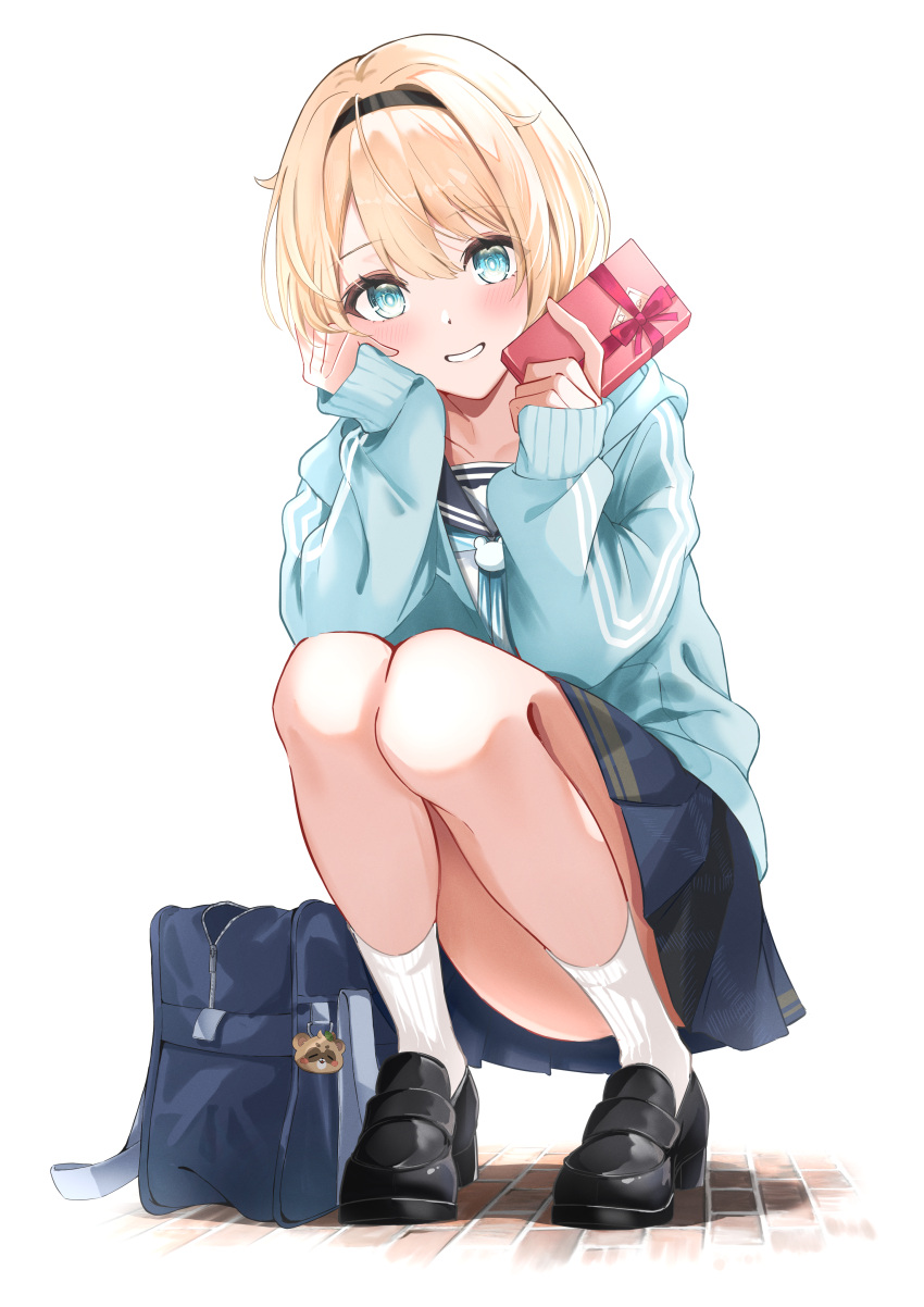 1girl, absurdres, aqua_jacket, aqua_neckerchief, bag, black_hairband, black_shoes, blonde_hair