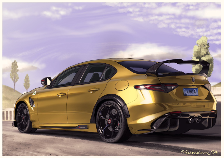 alfa_romeo, alfa_romeo_giulia, alfa_romeo_giulia_quadrifoglio, artist_name, car, clouds, genshin_impact, gold_car