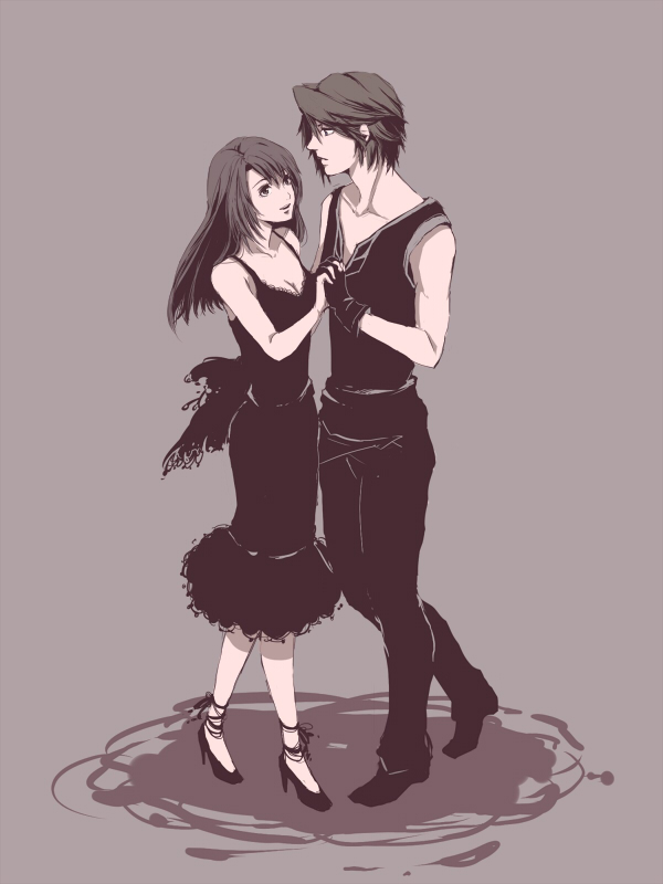 1boy, 1girl, bare_shoulders, brown_hair, couple, dancing, dress, female, final_fantasy, final_fantasy_viii, gloves, habbitrot, hand_holding, high_heels, long_hair, male, rinoa_heartilly, shoes, short_hair, simple_background, squall_leonhart