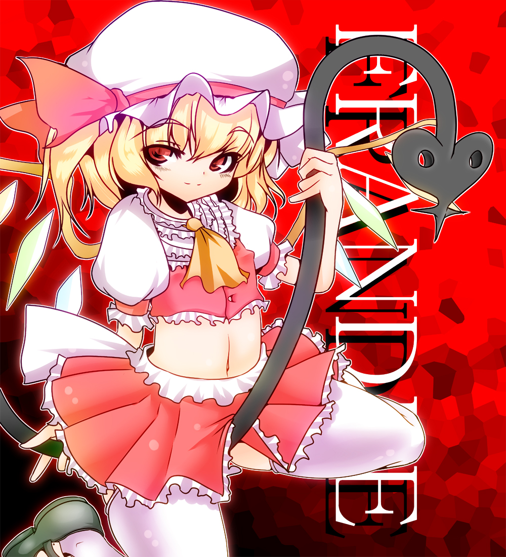 between_legs, blonde_hair, character_name, engrish, erect_nipples, flandre_scarlet, hat, laevatein