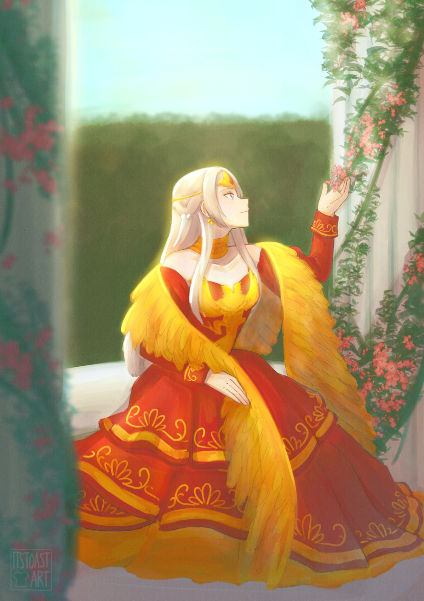 1girl, artist_name, bare_shoulders, breasts, circlet, closed_mouth, collarbone, commentary, dress, edelgard_von_hresvelg, edelgard_von_hresvelg_(adorned_eagle), english_commentary, fire_emblem, fire_emblem:_three_houses, fire_emblem_heroes, grey_hair, highres, jewelry, long_hair, long_sleeves, looking_up, medium_breasts, official_alternate_costume, profile, red_dress, sitting, smile, solo, toast_(oreocorio), violet_eyes