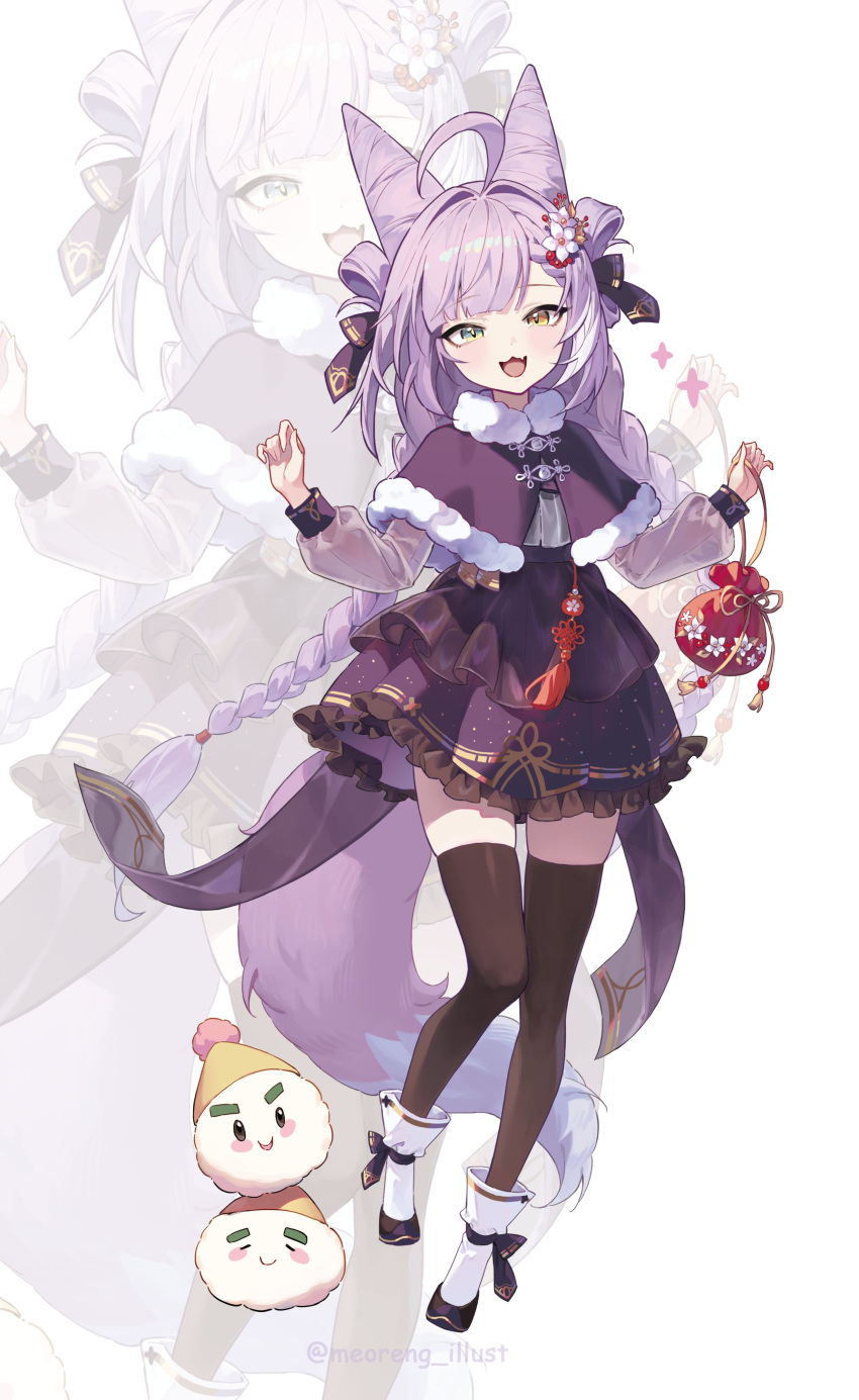 absurdres, bag, black_thighhighs, braid, fox_tail, frilled_skirt, frills, gloves, hair_ornament, handbag, heterochromia, highres, hime_cut, korean_clothes, long_hair, meoreng_illust, open_mouth, purple_hair, shoes, skirt, smug, stellive, tail, tassel, tenko_shibuki, thigh-highs, twin_braids, virtual_youtuber, white_gloves, winter_clothes