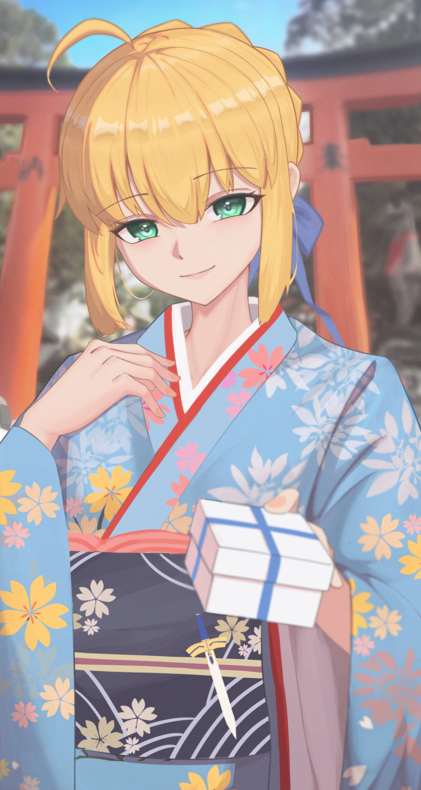 1girl, absurdres, ahoge, alternate_costume, artoria_pendragon_(fate), blonde_hair, blue_kimono, blue_ribbon