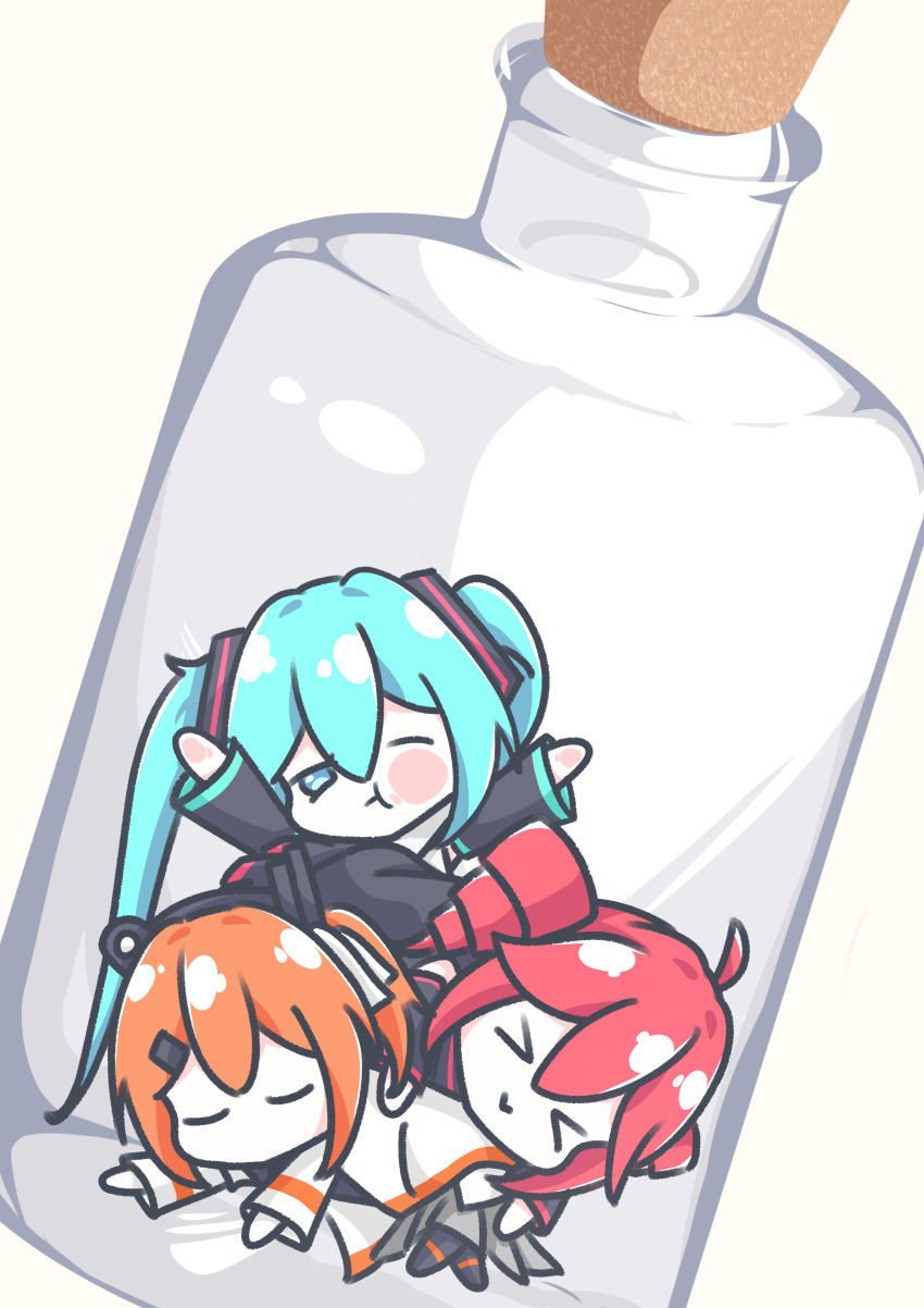 >_<, 3girls, a.i._voice, absurdres, adachi_rei, against_glass, aqua_hair, arms_up