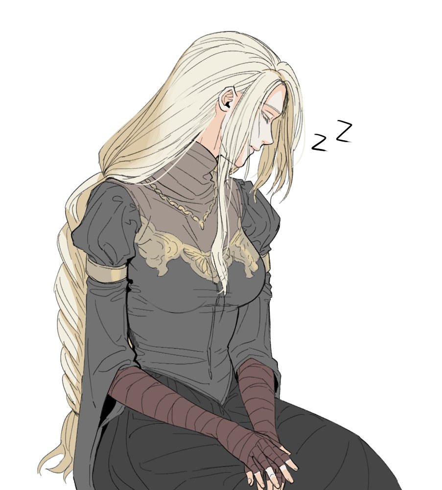 1girl, bandaged_arm, bandages, black_dress, blonde_hair, closed_eyes, closed_mouth, commentary_request