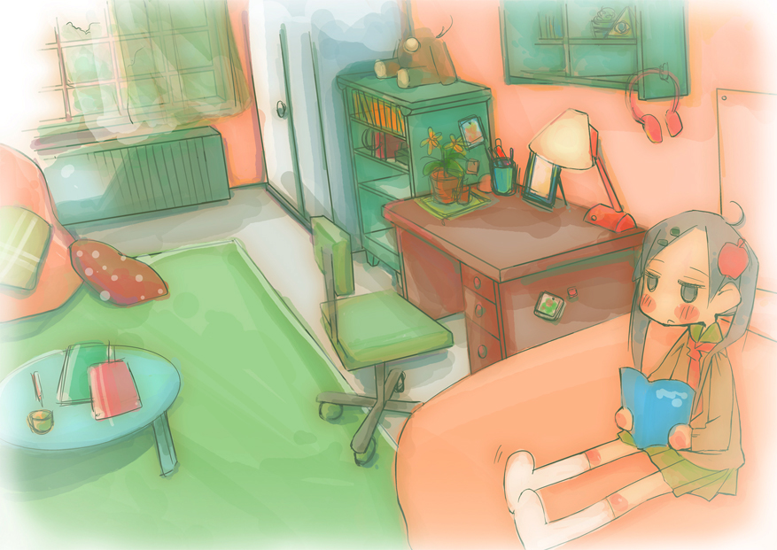 apple, blush, book, bookshelf, chair, child, couch, desk, food, fruit, hair_ornament, headphones, indoors, lamp, madam_s, original, pillow, plant, potted_plant, reading, room, school_uniform, sitting, solo, table, vignetting, window