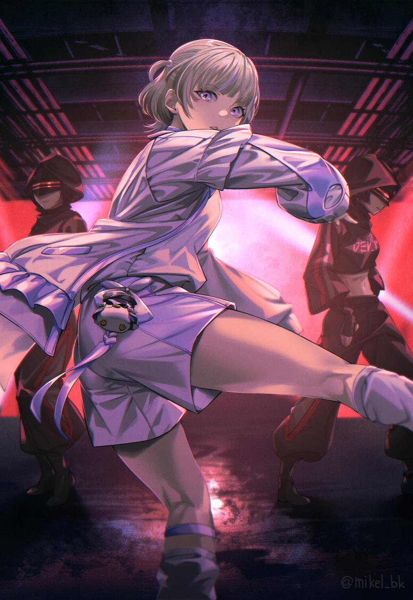 blonde_hair, dancer, highres, hololive, hololive_dev_is, hood, jacket, mask, midriff, mikel_(4hands), shirt, shorts, thighs, todoroki_hajime, todoroki_hajime_(1st_costume), twitter_username, two_side_up, violet_eyes, virtual_youtuber