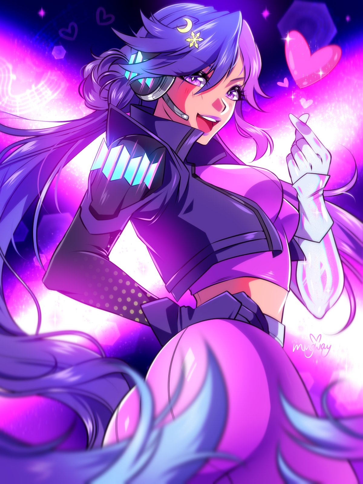 1girl, asymmetrical_gloves, breasts, gloves, hair_ornament, highres, jacket, long_hair, looking_at_viewer, luna_snow, luna_snow_(mirae_2099), marvel, marvel_rivals, mingway, mismatched_gloves, multicolored_hair, multicolored_jacket, official_alternate_costume, official_alternate_hairstyle, open_mouth, pink_eyes, pink_hair, pink_tank_top, purple_hair, smile, snowflake_hair_ornament, solo, split-color_hair, tank_top, twintails, two-tone_hair, two-tone_jacket