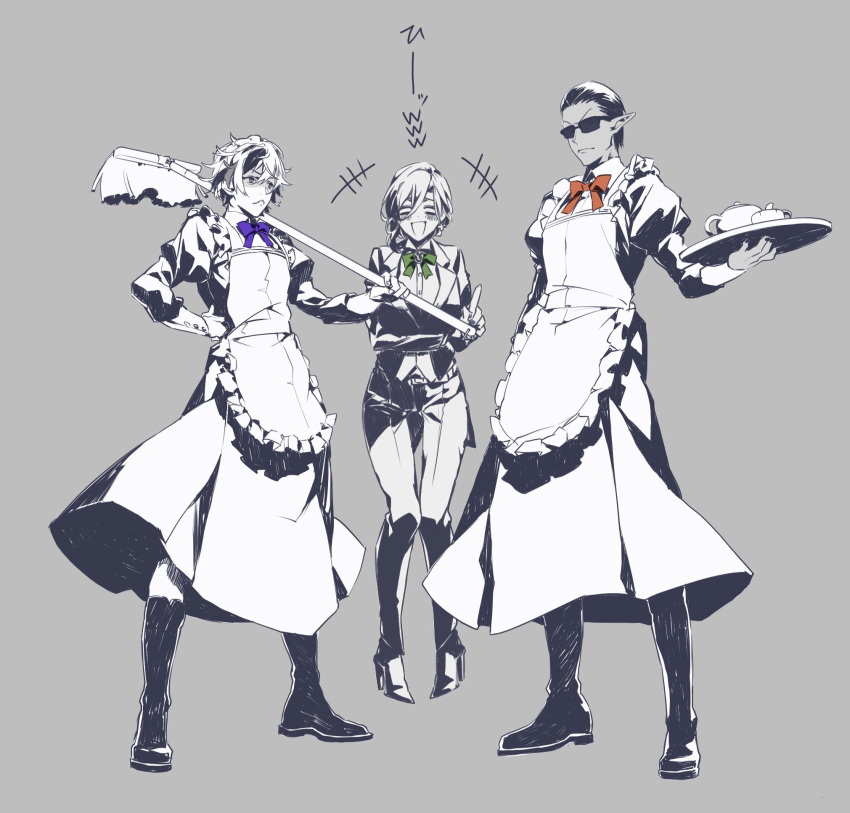 +++, 1girl, 2boys, apron, bow, bowtie, closed_mouth, fuwa_minato