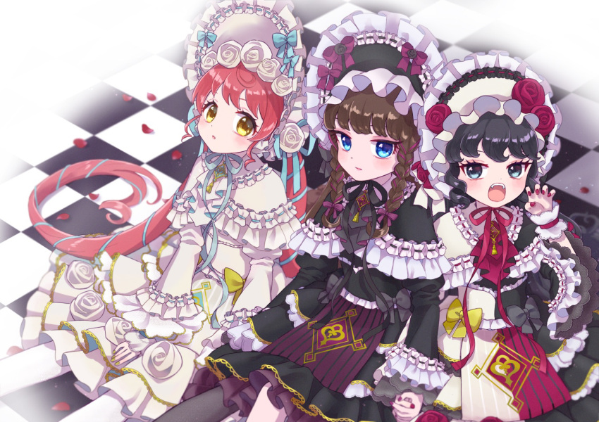 3girls, black_hair, blue_eyes, brown_hair, checkered_floor, claw_pose, gaaruru_(pripara), gothic_lolita