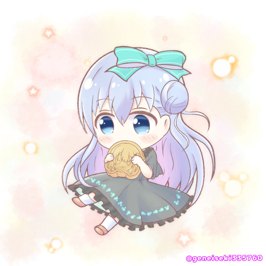 1girl, absurdres, aqua_ribbon, black_dress, blue_eyes, blue_hair, blush, chibi