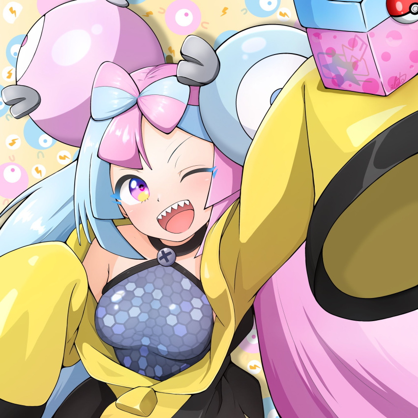 1girl, blue_hair, bow-shaped_hair, breasts, character_hair_ornament, hair_ornament, hexagon_print, highres, iono_(pokemon), jacket, kuroiaruto, long_hair, low-tied_long_hair, magnemite, medium_breasts, multicolored_hair, one_eye_closed, oversized_clothes, pink_hair, pokemon, pokemon_sv, sharp_teeth, sleeveless, sleeves_past_fingers, sleeves_past_wrists, smile, solo, split-color_hair, teeth, very_long_sleeves, x, yellow_jacket