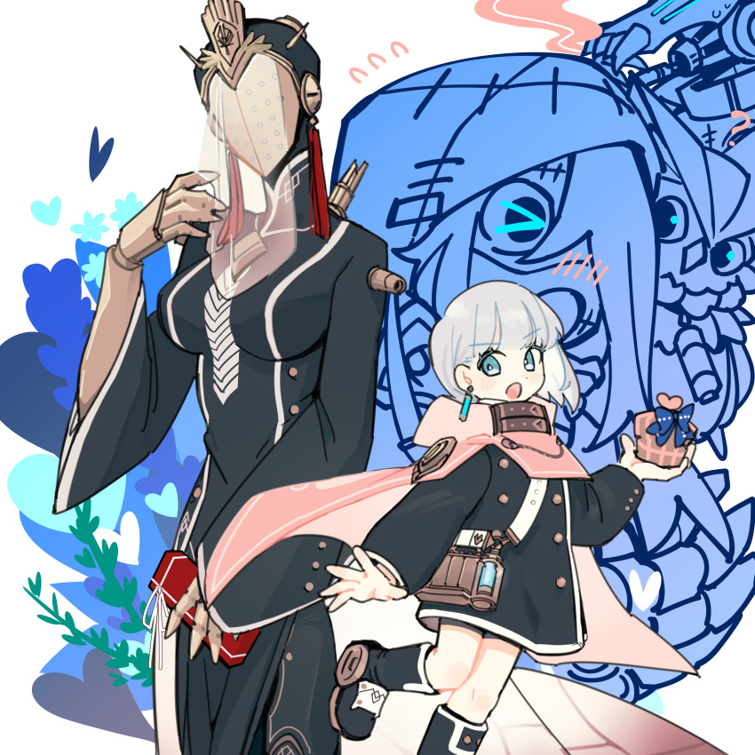 2boys, 2girls, absurdres, android, bag, bird, black_dress, black_jacket
