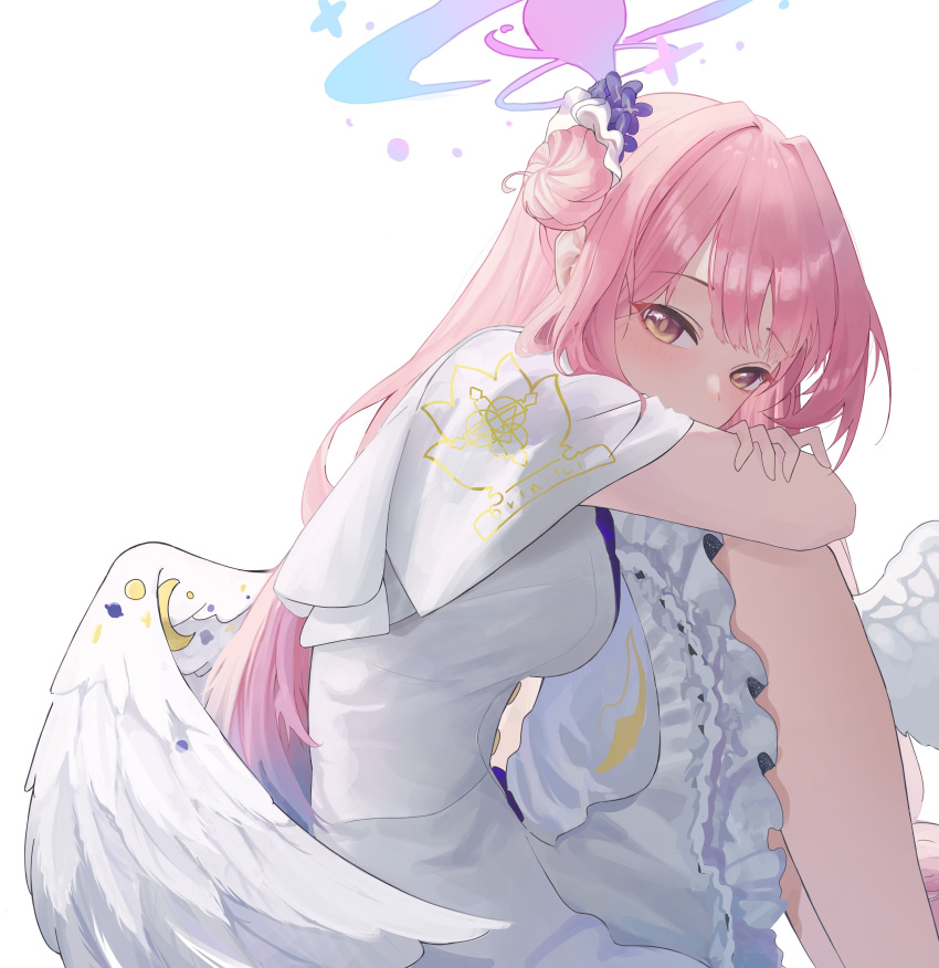 1girl, absurdres, angel_wings, blue_archive, blush, breasts, capelet, commentary