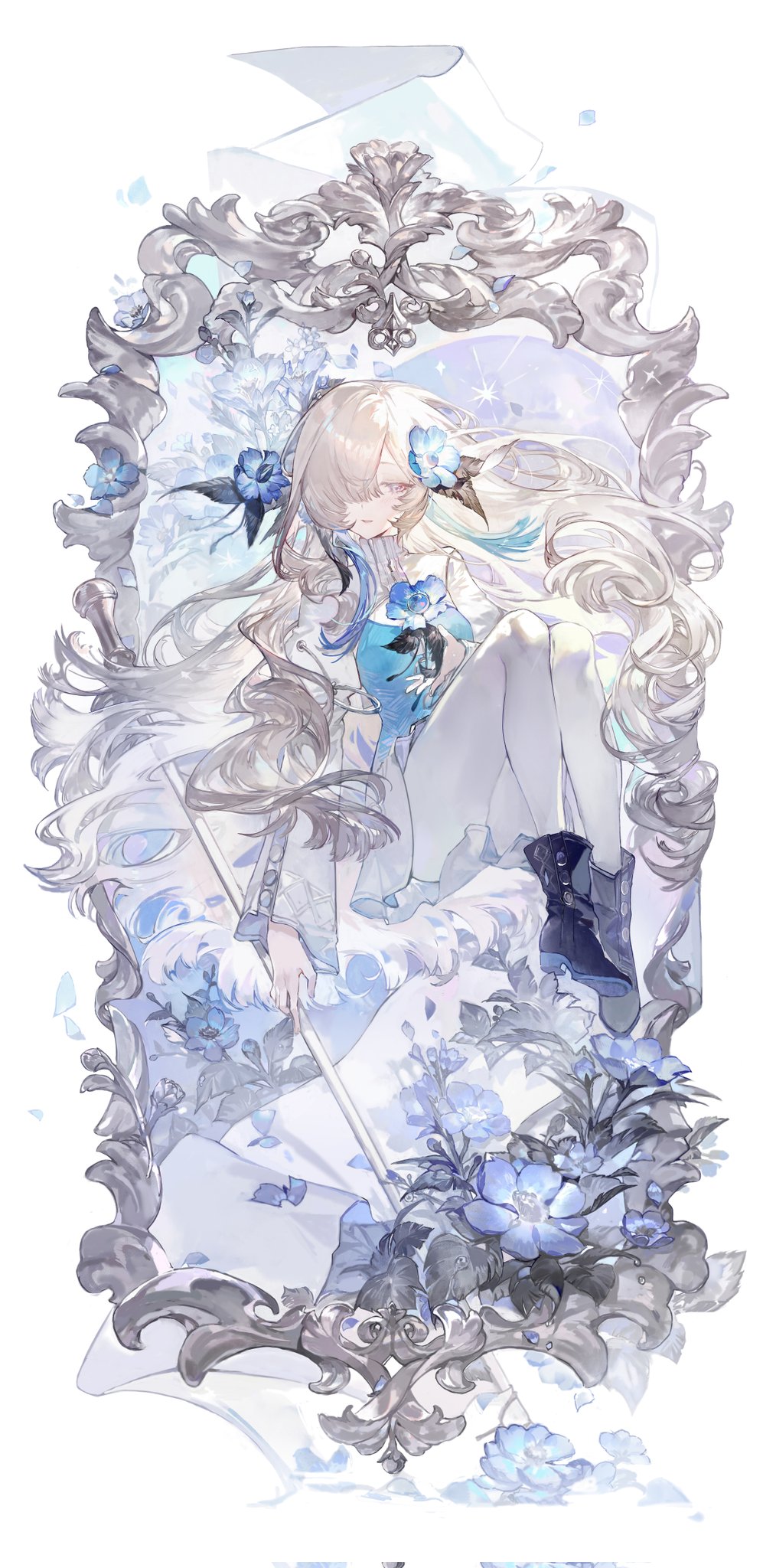1girl, ankle_boots, asymmetrical_bangs, black_boots, blue_flower, boots, commentary_request, corrupted_twitter_file
