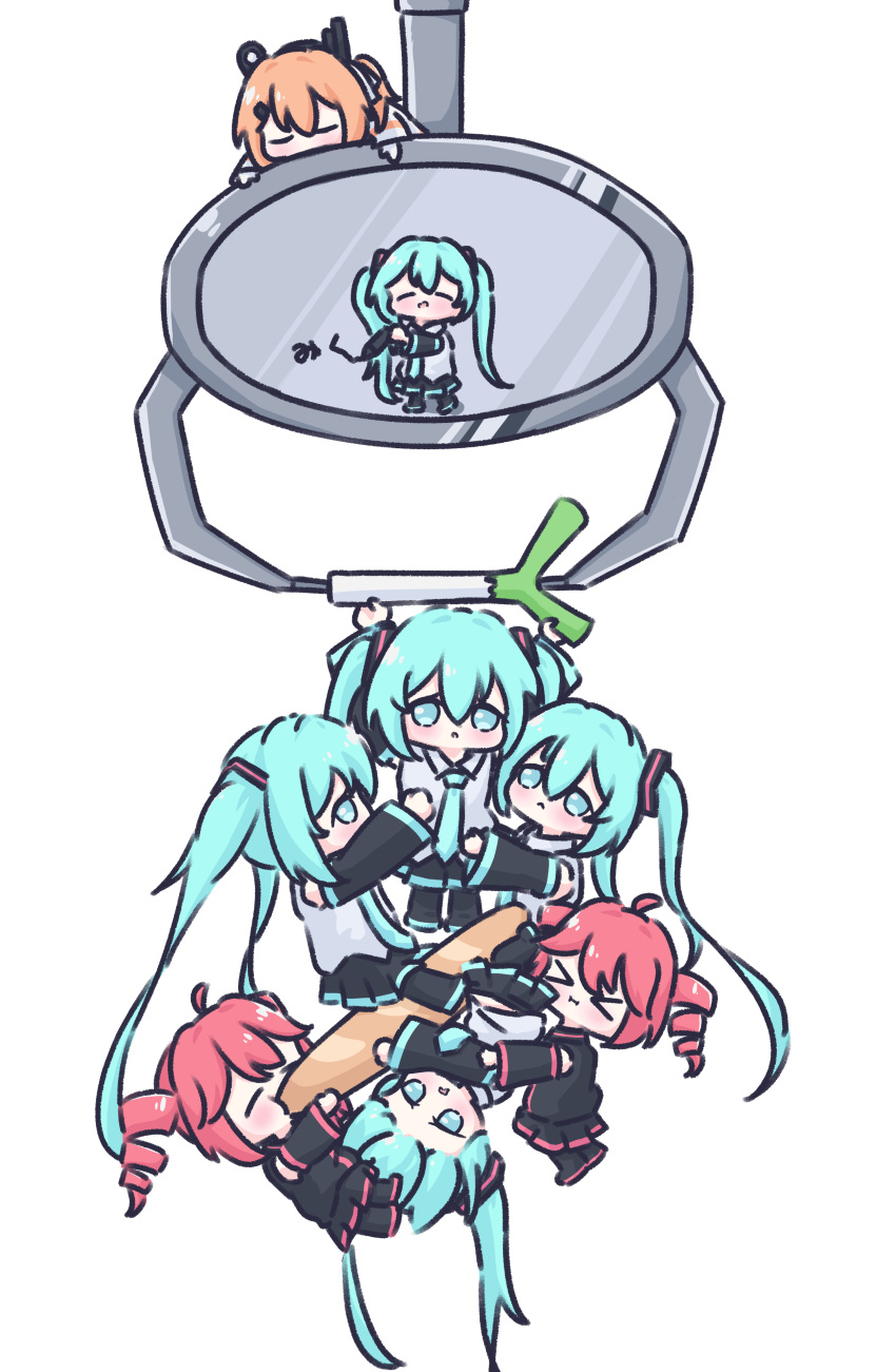 >_<, 6+girls, a.i._voice, absurdres, adachi_rei, ahoge, aqua_eyes, aqua_hair, aqua_necktie, baguette, black_boots, black_shirt, black_skirt, black_sleeves, bread, chibi, chibi_only, clone, closed_eyes, cott_(cott_5), crane_game, drill_hair, food, food_in_mouth, grey_shirt, hair_ornament, hanging, hatsune_miku, highres, kasane_teto, long_hair, long_sleeves, mini_person, minigirl, multiple_girls, necktie, open_mouth, orange_hair, pleated_skirt, red_hair, shirt, skirt, spring_onion, twin_drills, twintails, utau, vocaloid, white_background