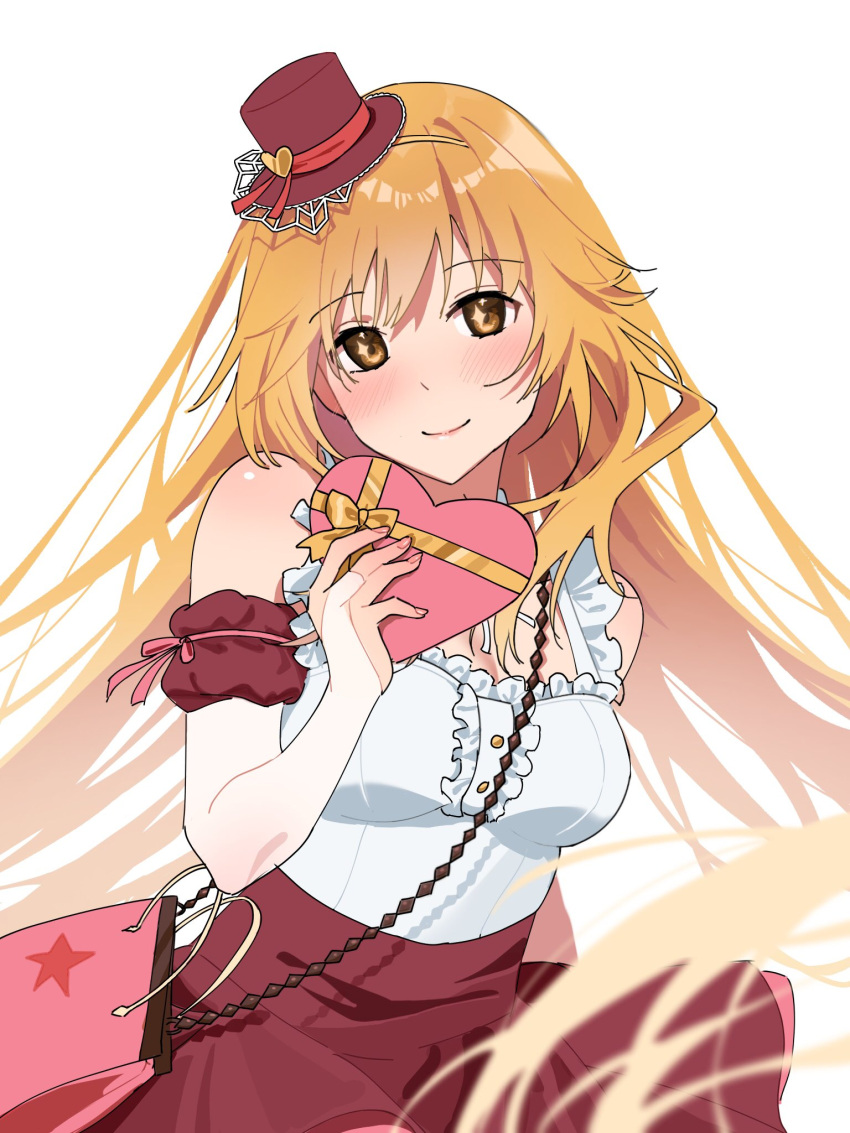 1girl, bag, bare_shoulders, blonde_hair, box, box_of_chocolates, breasts, bridal_gauntlets