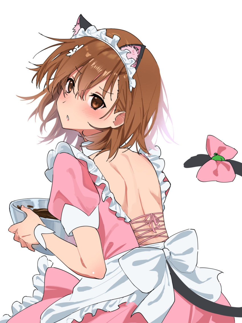 1girl, animal_ears, apron, backless_dress, backless_outfit, bowl, cat_ears, cat_tail