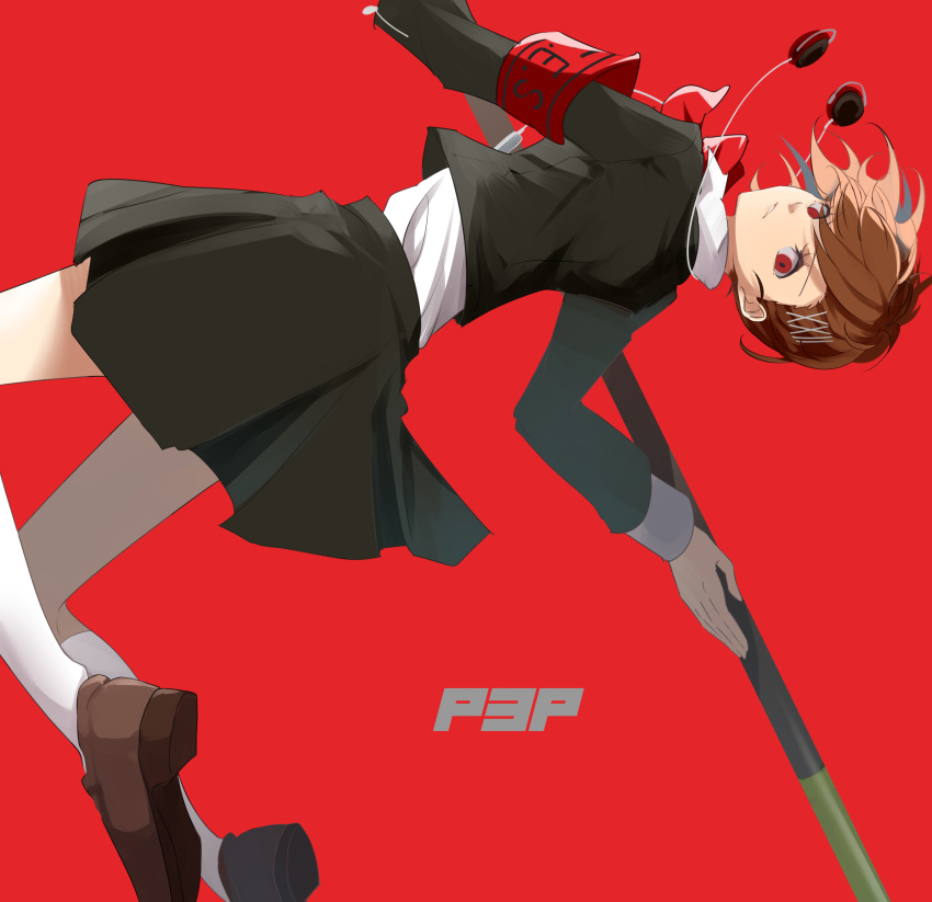 1girl, absurdres, black_jacket, black_skirt, brown_hair, brown_shoes, digital_media_player, digital_walkman, gekkoukan_high_school_uniform, hair_ornament, hairpin, highres, holding, holding_polearm, holding_weapon, jacket, jumping, kyuryuu_anuma, loafers, long_sleeves, looking_at_viewer, multiple_hairpins, naginata, persona, persona_3, persona_3_portable, polearm, red_background, red_eyes, school_uniform, shiomi_kotone, shirt, shoes, skirt, socks, solo, walkman_nw-s203f, weapon, white_shirt, white_socks