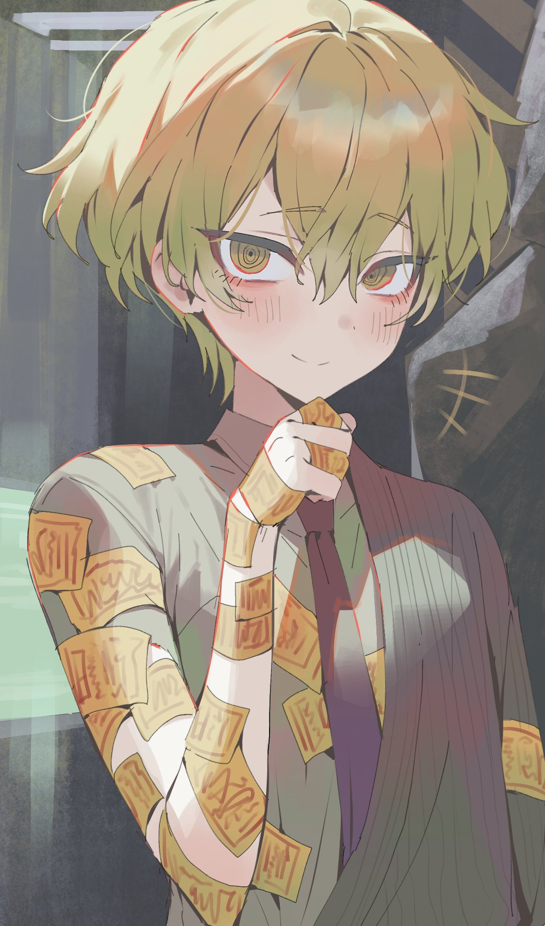 1boy, blonde_hair, blush, collared_shirt, e.g.o_(project_moon), grey_shirt, highres, limbus_company, looking_at_viewer, male_focus, maratang, necktie, ofuda, ofuda_on_arm, ofuda_on_clothes, pinstripe_coat, project_moon, red_necktie, red_sheet_(e.g.o), shirt, short_hair, short_sleeves, sinclair_(project_moon), single_sleeve, smile, talisman, technology_liberation_alliance_(identity)_(project_moon), upper_body, yellow_eyes