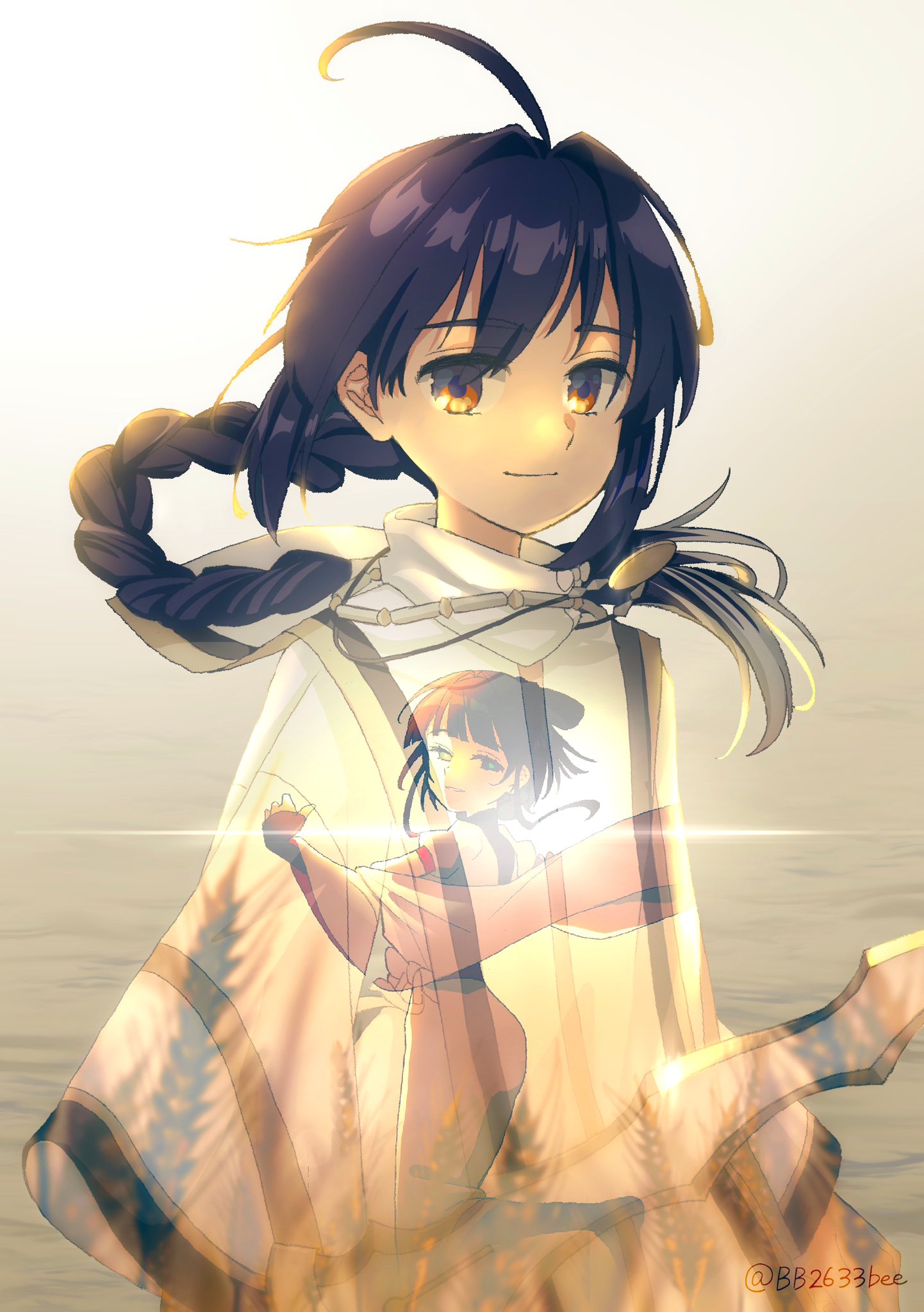 1girl, 1other, ahoge, amenomurakumo-no-tsurugi_(fate), amulet, bb2633bee, black_hair, braid